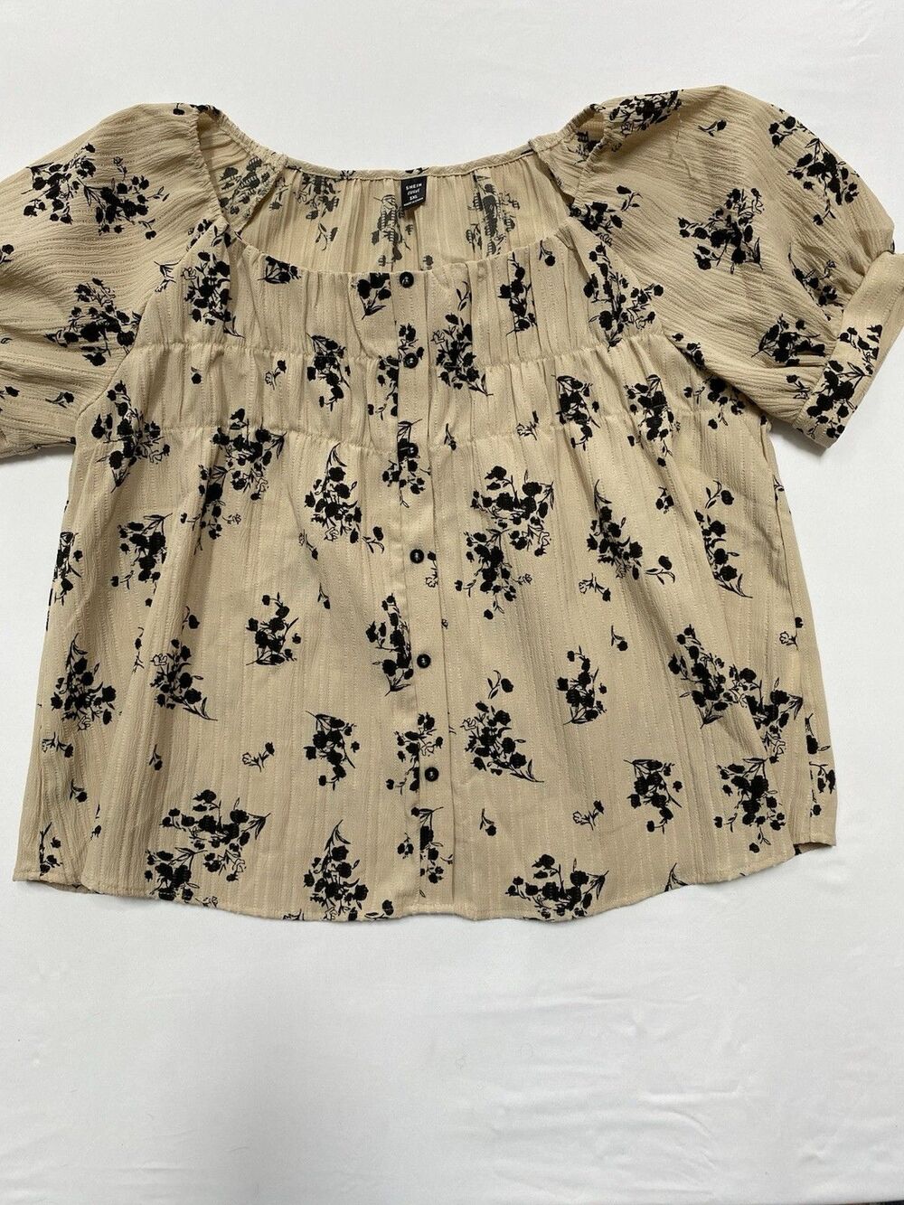 SHEIN Curve Top 1XL Tan Black Floral Button Front Square Neck Puff Sleeve Boho